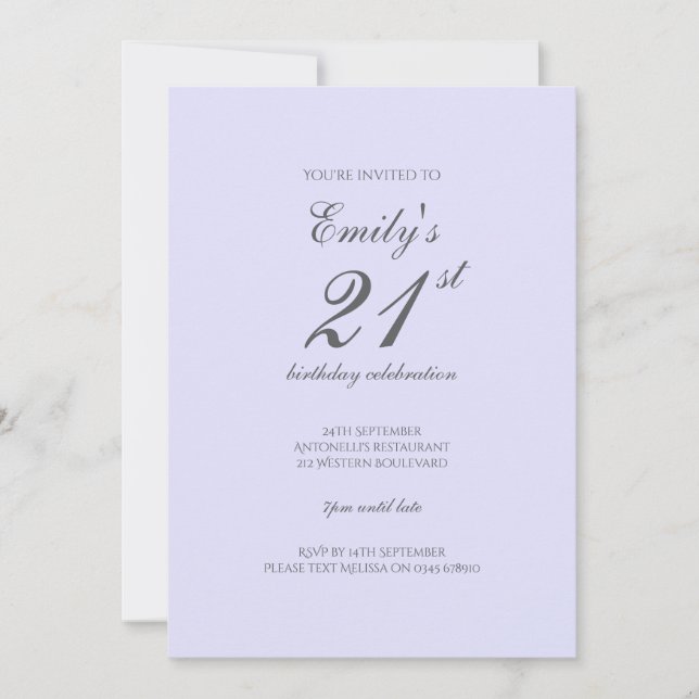 Convite Soft Lavender Minimalist 21st Birthday Invitation (Frente)