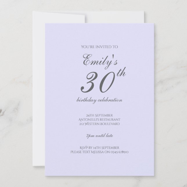 Convite Soft Lavender Minimalist 30th Birthday Invitation (Frente)