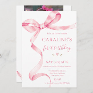 Convite Soft Pastel Pink Bow 1st Birthday