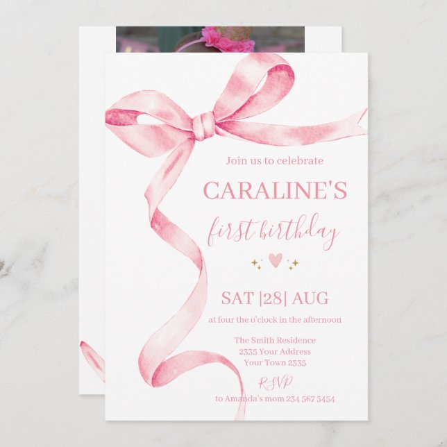 Convite Soft Pastel Pink Bow 1st Birthday  (Frente/Verso)