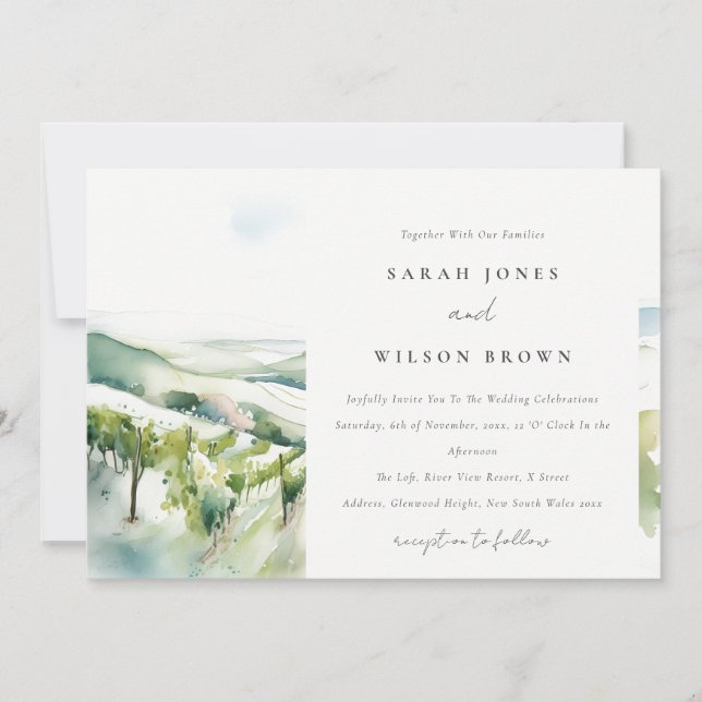 Convite Soft Pastel Watercolor Vineyard Landscape Wedding (Frente)