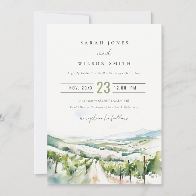 Convite Soft Pastel Watercolor Vineyard Landscape Wedding (Frente)