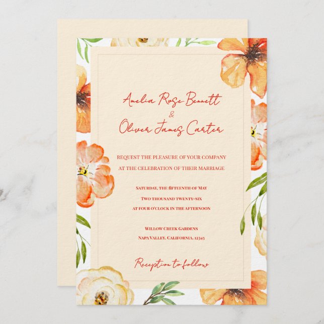 Convite Soft Peach Garden Meadow Floral Wedding Invitation (Frente/Verso)