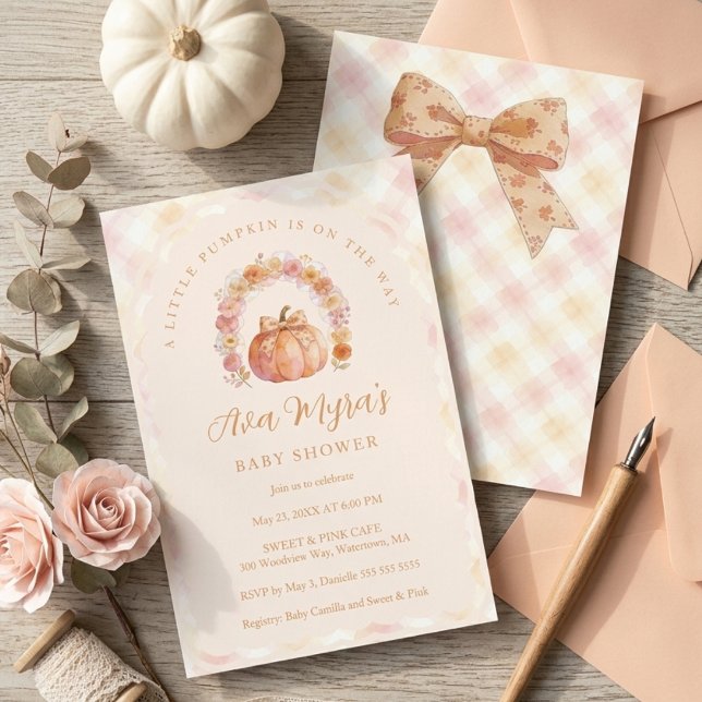 Convite Soft Peach Gingham Pumpkin Baby Shower TMF26 (weet Coquette Bow and Pumpkin Baby Shower Invitation with Gingham Pattern Details.)