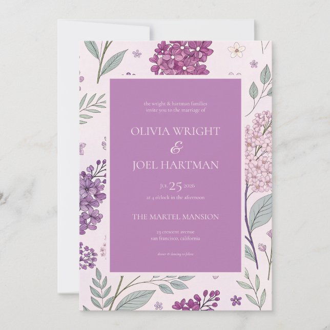 Convite Soft Pink and Purple Lilac Floral Wedding  (Frente)