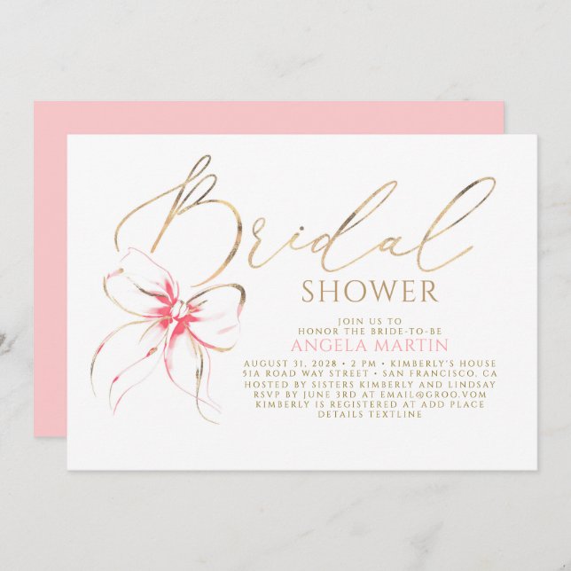 Convite Soft Pink Bow Elegant Romantic Bridal Shower (Frente/Verso)