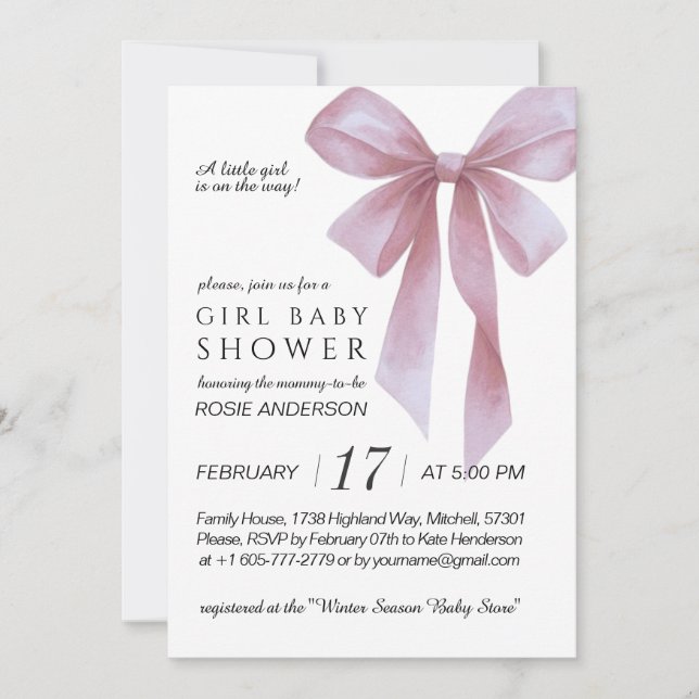 Convite Soft Pink Bow Girl Baby Shower (Frente)