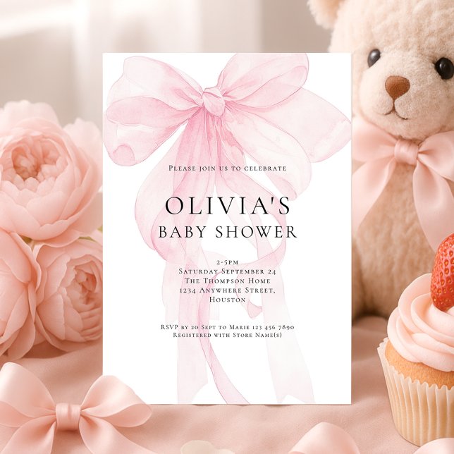 Convite Soft Pink Bow Text Overlay Baby Shower (Criador carregado)