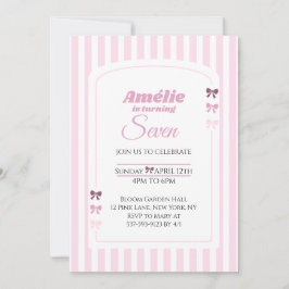 Convite Soft Pink Coquette Bow Girl Seventh Birthday Party