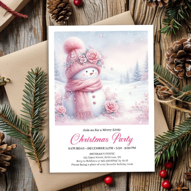 Convite Soft Pink Coquette Snowman Editable Christmas Kids (Soft Pink Coquette Snowman Editable Christmas Kids Invite)