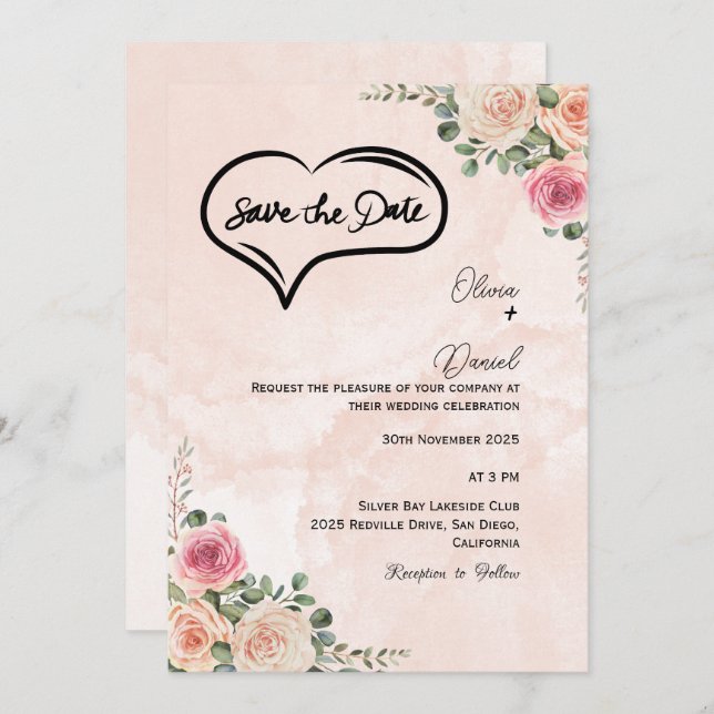 Convite Soft Pink Cream Floral Wedding Save the Date  (Frente/Verso)
