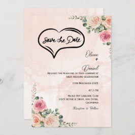 Convite Soft Pink Cream Floral Wedding Save the Date 