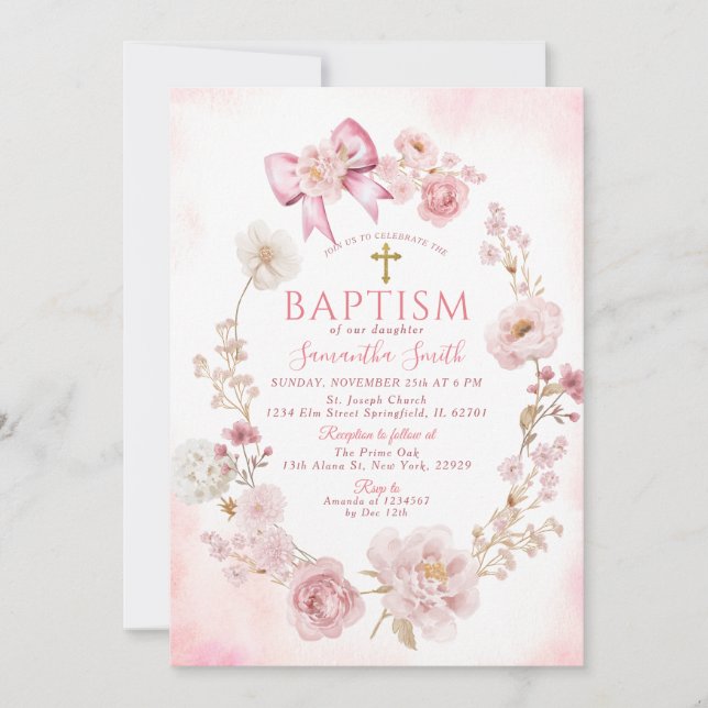 Convite Soft Pink Dusty Rose Floral Cross Girl Baptism (Frente)
