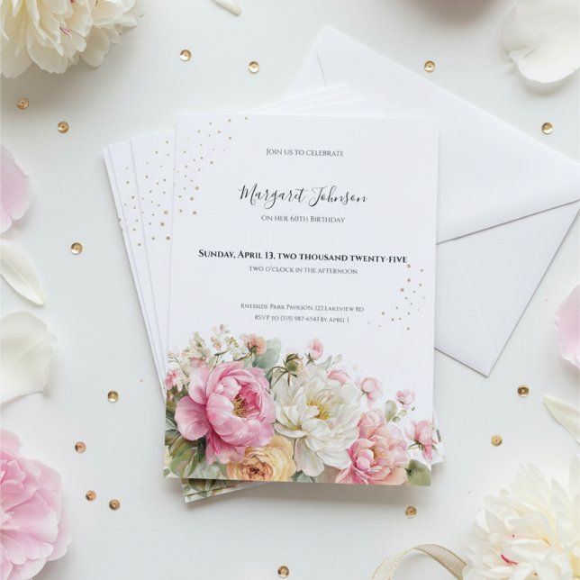Convite Soft Pink Floral 60th Birthday (Soft pink and white floral 60th birthday invitation with gold accents and elegant typography)