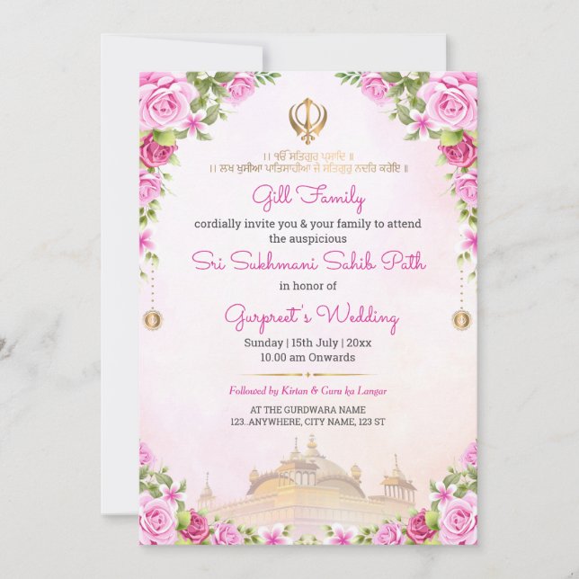 Convite Soft Pink Floral Sukhmani Sahib Path Invitation (Frente)