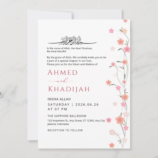 Convite Soft Pink Floral Vine Islamic Wedding Nikah (Frente)