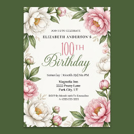 Convite Soft Pink Magnolia and Peony 100th Birthday 