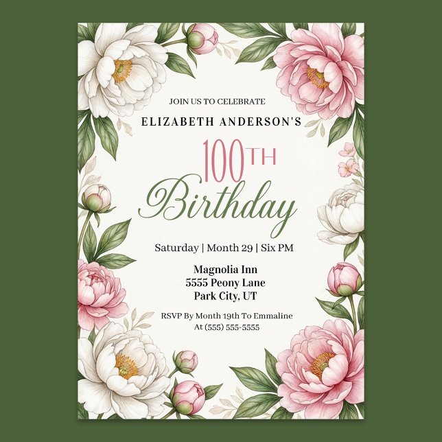 Convite Soft Pink Magnolia and Peony 100th Birthday  (Elegant 100th birthday invitation with soft pink and white watercolor peonies, green leaves)