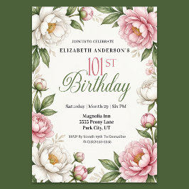 Convite Soft Pink Magnolia and Peony 101st Birthday 