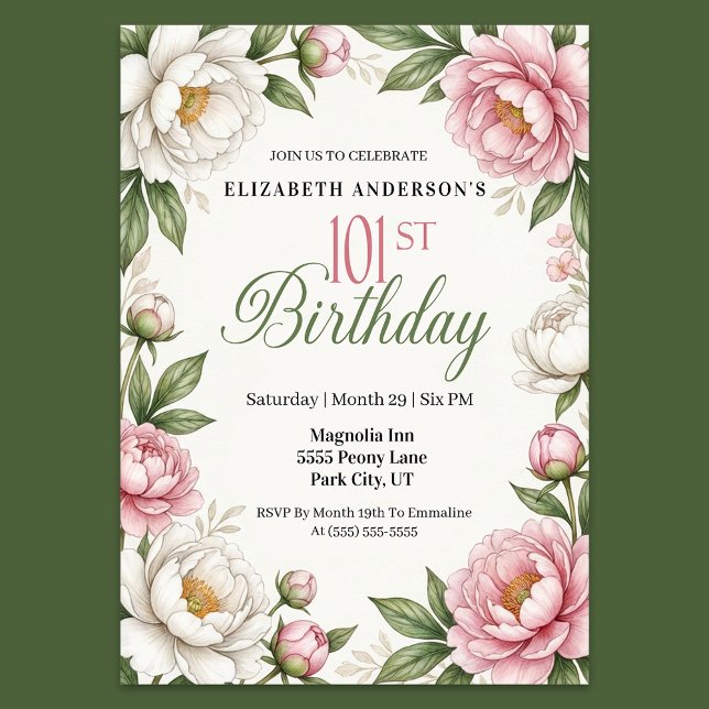 Convite Soft Pink Magnolia and Peony 101st Birthday  (Elegant 101st birthday invitation featuring soft pink peonies white magnolia flowers green leaves )