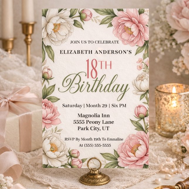 Convite Soft Pink Magnolia and Peony 18th Birthday  (Criador carregado)