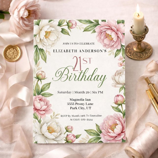 Convite Soft Pink Magnolia and Peony 21st Birthday  (Criador carregado)