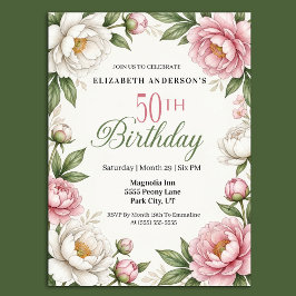 Convite Soft Pink Magnolia and Peony 50th Birthday 