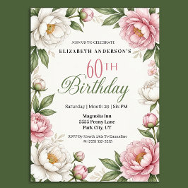 Convite Soft Pink Magnolia and Peony 60th Birthday 