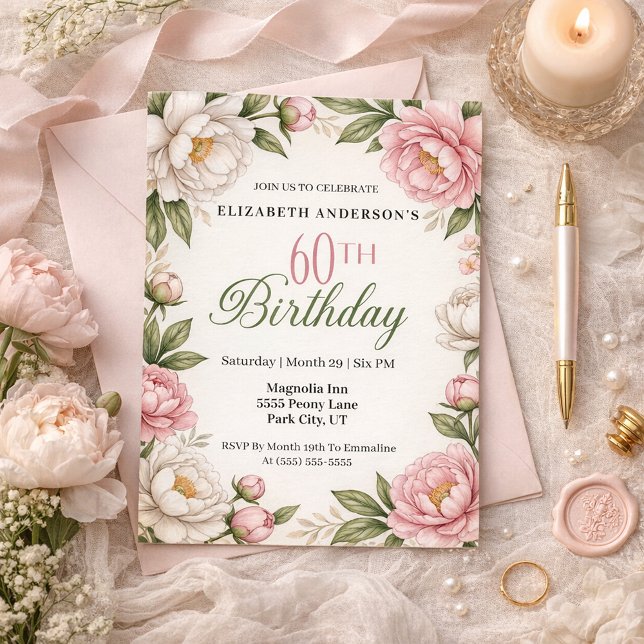 Convite Soft Pink Magnolia and Peony 60th Birthday  (Criador carregado)