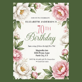 Convite Soft Pink Magnolia and Peony 70th Birthday 