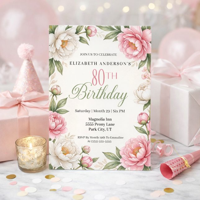 Convite Soft Pink Magnolia and Peony 80th Birthday  (Elegant floral 80th birthday invitation with soft pink peonies white magnolia flowers )