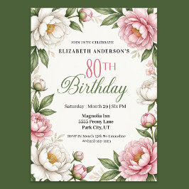 Convite Soft Pink Magnolia and Peony 80th Birthday 