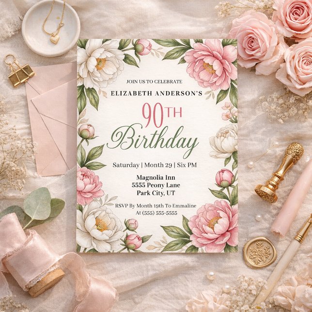 Convite Soft Pink Magnolia and Peony 90th Birthday  (Elegant pink peony and white magnolia floral 90th birthday invitation with soft botanical greenery )