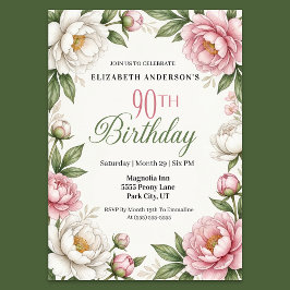 Convite Soft Pink Magnolia and Peony 90th Birthday 