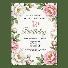 Convite Soft Pink Magnolia and Peony 98th Birthday 