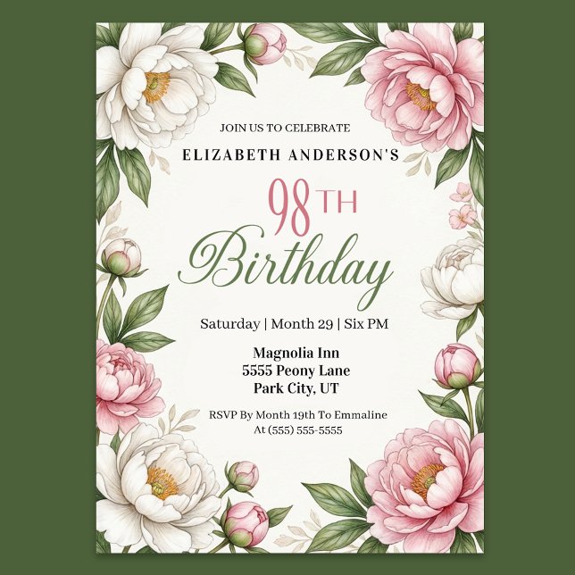 Convite Soft Pink Magnolia and Peony 98th Birthday  (Elegant pink peony and white magnolia floral 98th birthday party invitation with botanical greenery )