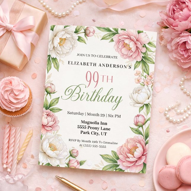 Convite Soft Pink Magnolia and Peony 99th Birthday  (Elegant pink peony and white magnolia floral 99th birthday invitation with botanical greenery )
