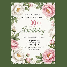 Convite Soft Pink Magnolia and Peony 99th Birthday 
