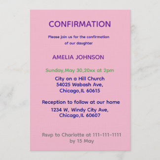Convite Soft Pink & Purple Confirmation Invitation