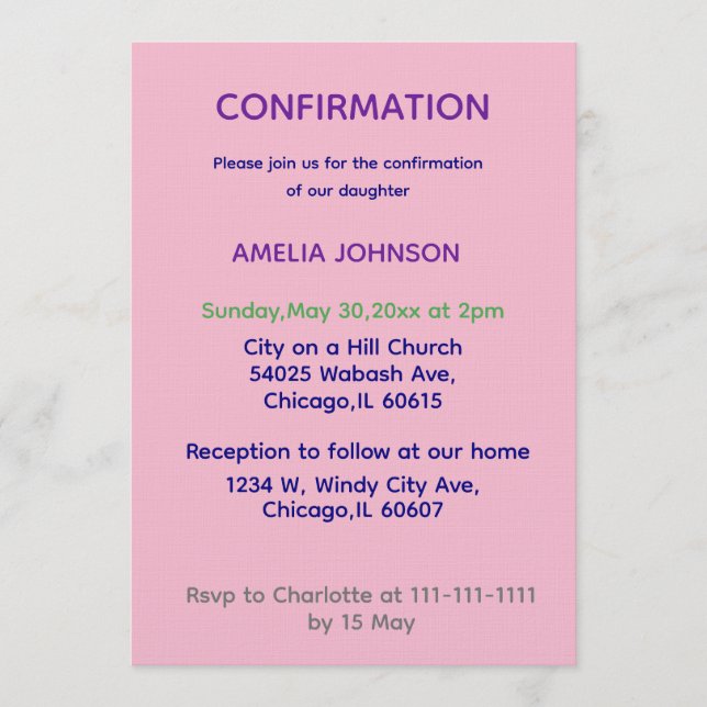 Convite Soft Pink & Purple Confirmation Invitation (Frente)