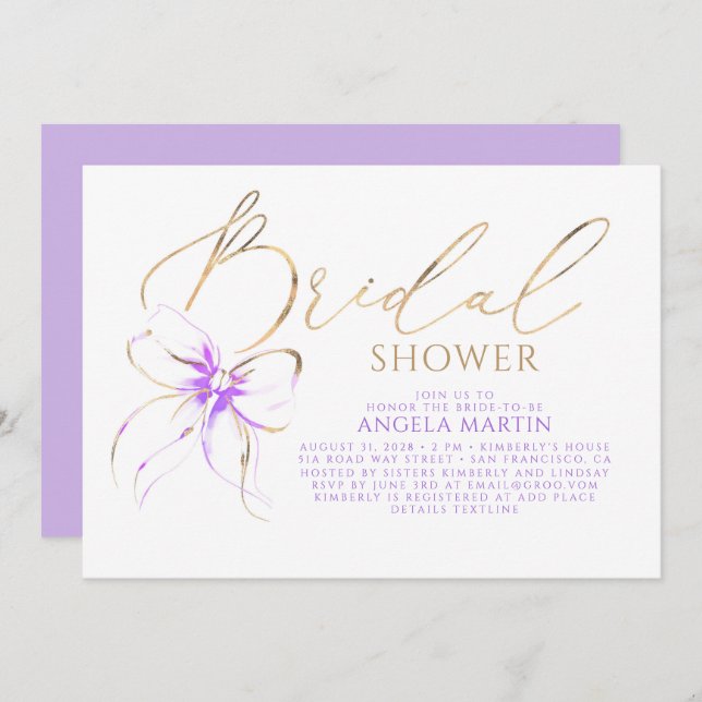 Convite Soft Purple Bow Elegant Romantic Bridal Shower (Frente/Verso)