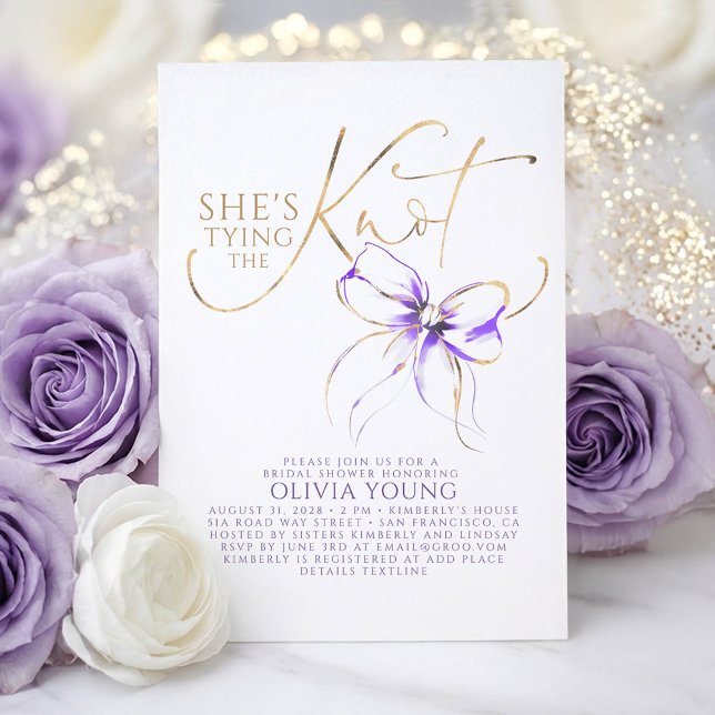 Convite Soft Purple Bow She's Tying The Knot Bridal Shower (Soft Purple Bow Bridal Shower Invitation She's Tying The Knot)