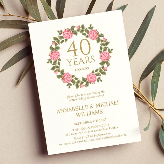 Convite SOFT ROSA GARLAND RUBY ANNIVERSARY 40th Wedding (Criador carregado)