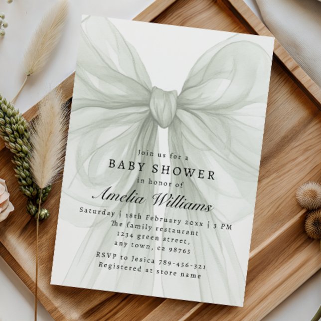 Convite Soft Sage Bow Elegant Neutral Baby Shower (Criador carregado)