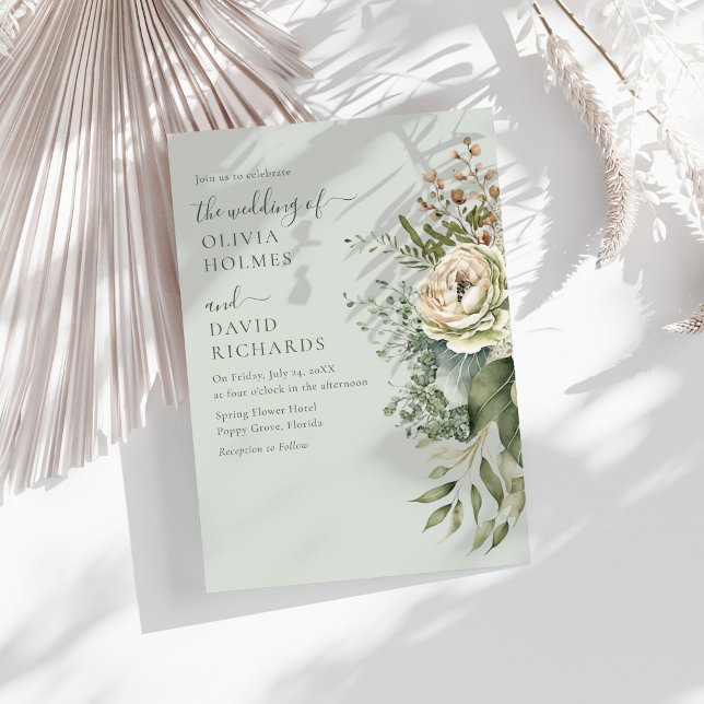 Convite Soft Sage Green Botanical Minimal Wedding (Soft Sage Green Botanical Minimal Wedding Invitation on a sunny table with boho dry botanicals)