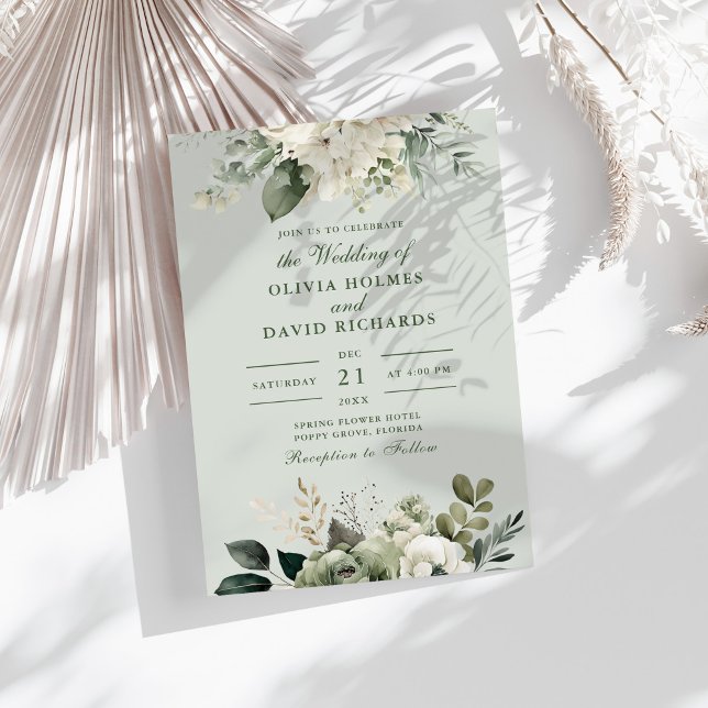 Convite Soft Sage Green Floral Classic Wedding Invitation (Soft Sage Green Floral Classic Wedding Invitation on a sunny table with white dry botanicals)
