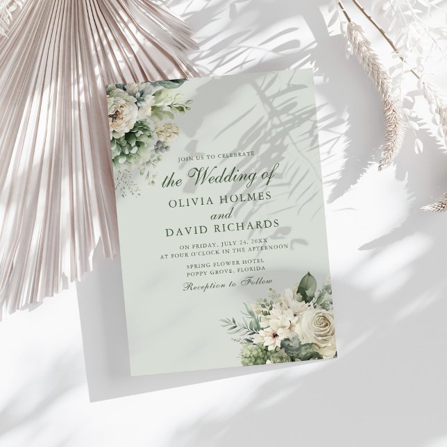 Convite Soft Sage Green Floral Elegant Wedding Invitation (Soft Sage Green Floral Elegant Wedding Invitation on a sunny table with white dry botanicals)