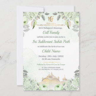 Convite Soft Sage Green Floral Sukhmani Sahib Path Invite