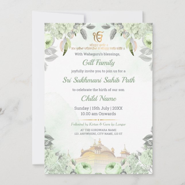 Convite Soft Sage Green Floral Sukhmani Sahib Path Invite (Frente)