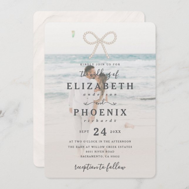 Convite Soft Simple Pearl Bow Custom Photo Elegant Wedding (Frente/Verso)